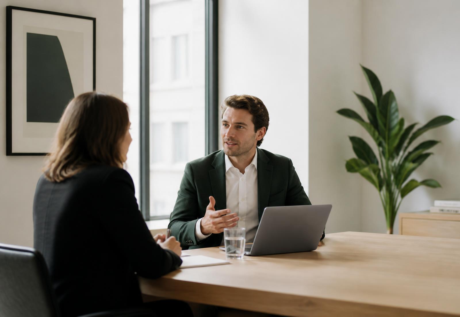 Two professionals in conversation across a light oak table in a bright office